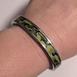 Crucible Stainless Steel Silver With Green Camouflage Open Cuff Bracelet